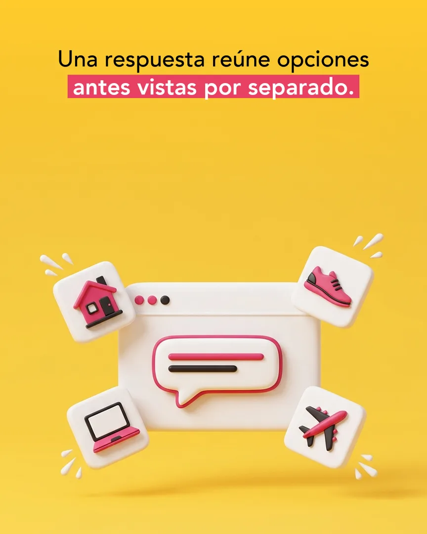 Primera lámina de un carrusel sobre fondo amarillo, con una ventana de chat y los íconos de una casa, una zapatilla y un avión.